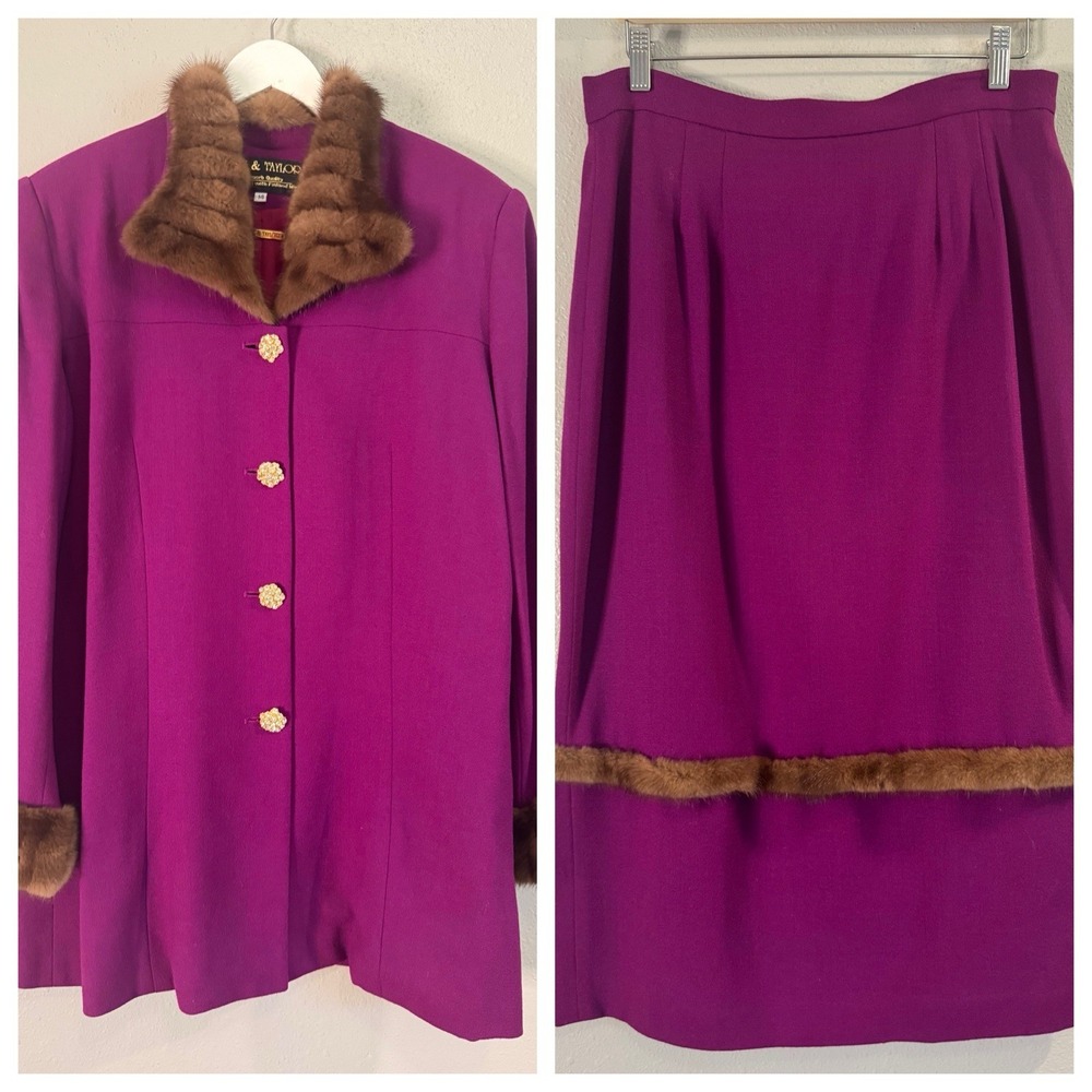 Lily &‎ Taylor Vintage Wool Suit Genuine Mink Fur Crystal Trim Jacket Skirt 14
